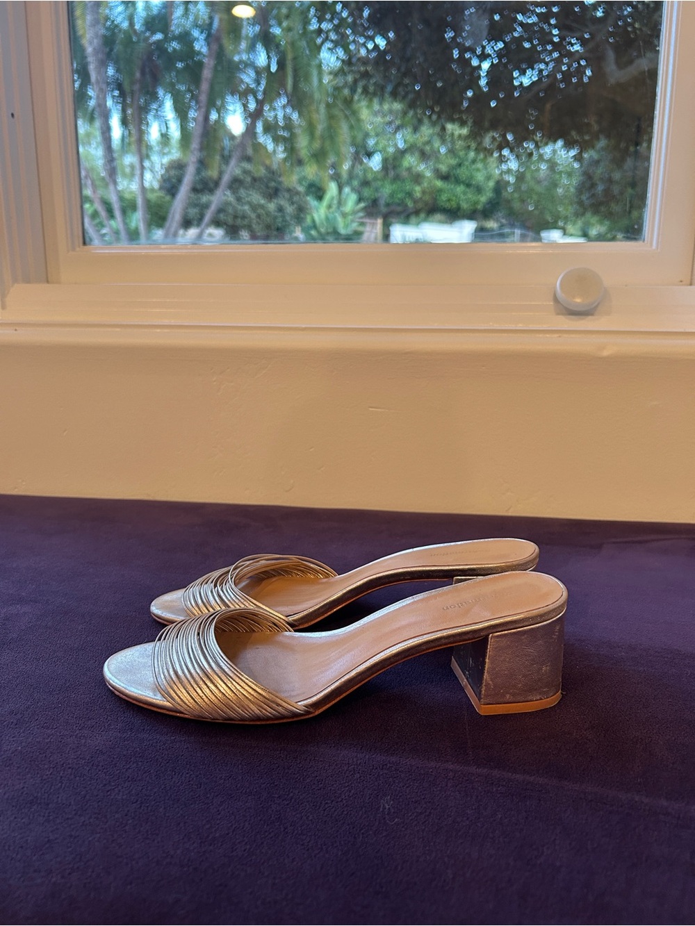 Reformation Gold Metallic Strappy Block Heel Mules
